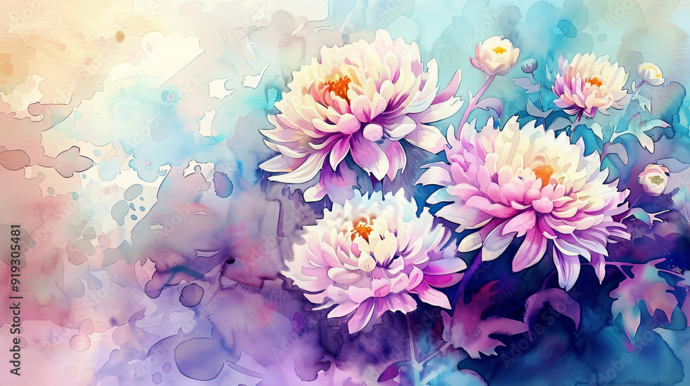 Watercolor White chrysanthemums in layered washes, deep and vibrant colors, smooth transitions, light background Watercolor White chrysanthemums in layered washes, deep and vibrant colors, smooth transitions, light background