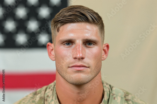  Headshot of an American soldier, clean-shaven with short hair and wearing camouflage fatigues in front of the USA flag.
