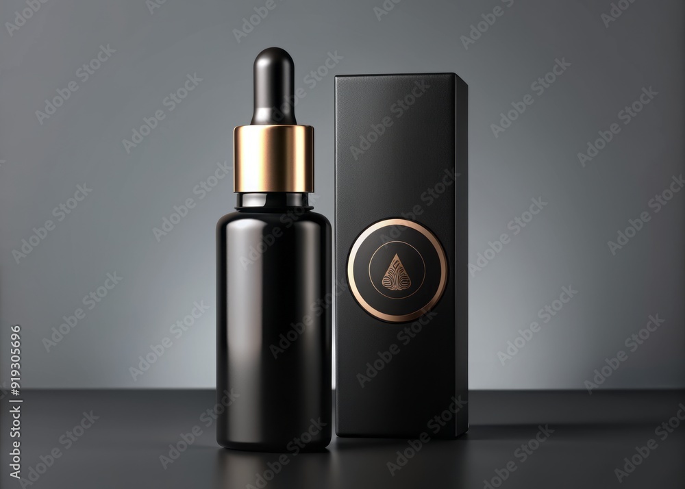Luxurious black label and logo adorn a sleek sample bottle of skincare serum, featuring a modern packaging template design for a healthy skin product showcase. Luxurious black label and logo adorn a sleek sample bottle of skincare serum, featuring a modern packaging template design for a healthy skin product showcase.