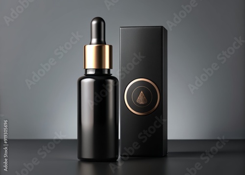 Luxurious black label and logo adorn a sleek sample bottle of skincare serum, featuring a modern packaging template design for a healthy skin product showcase. photo