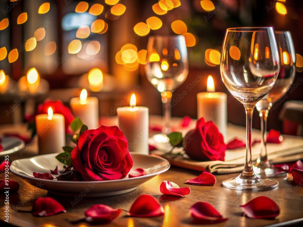 Intimate restaurant setting with candlelight, rose petals, and fine dining essentials, evoking romance, love, and celebration, perfect for Valentine's Day and special occasions. Intimate restaurant setting with candlelight, rose petals, and fine dining essentials, evoking romance, love, and celebration, perfect for Valentine's Day and special occasions.