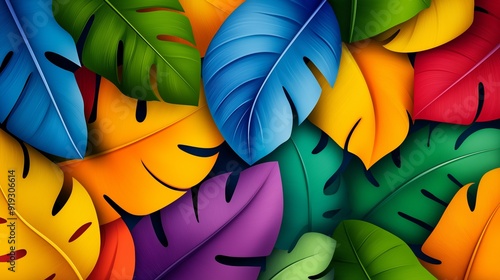 Fototapeta Naklejka Na Ścianę i Meble -  A colorful leafy background with a variety of different colored leaves. The leaves are arranged in a way that creates a sense of depth and movement. Scene is vibrant and lively, with a sense of energy