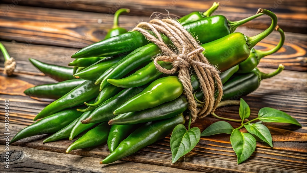 Freshly harvested serrano peppers in a vibrant green bunch, tied with twine, sit on a rustic wooden table, surrounded by scattered leaves and natural light. Freshly harvested serrano peppers in a vibrant green bunch, tied with twine, sit on a rustic wooden table, surrounded by scattered leaves and natural light.