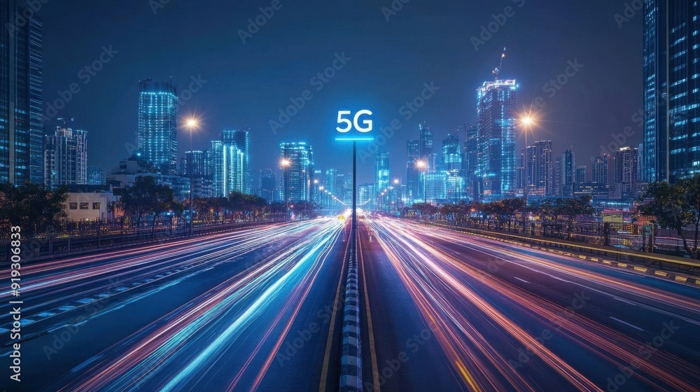 Fototapeta premium Visualization of a smart city fully connected through 5G broadband, 5G networks, next-gen urban connectivity