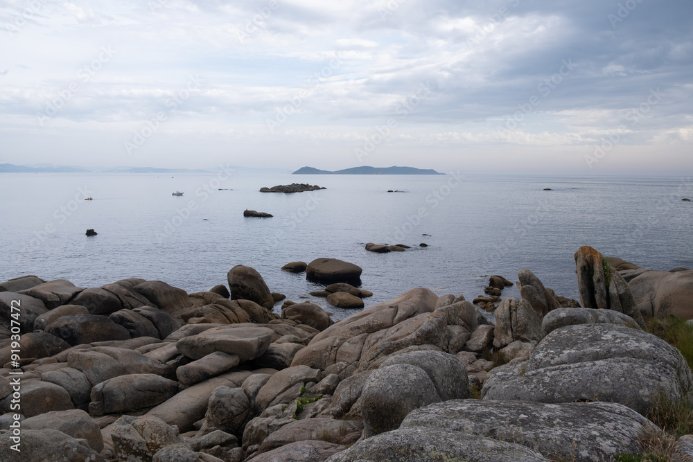 View of Ons island on the horizon, Illas Atlánticas national park, Pontevedra View of Ons island on the horizon, Illas Atlánticas national park, Pontevedra