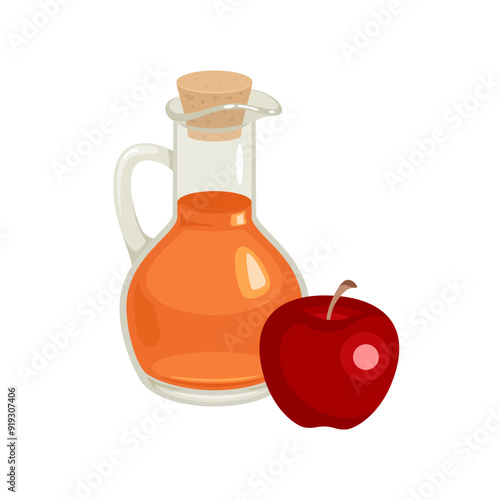 Apple cider vinegar in glass bottle isolated on white background. Vector cartoon flat illustration.