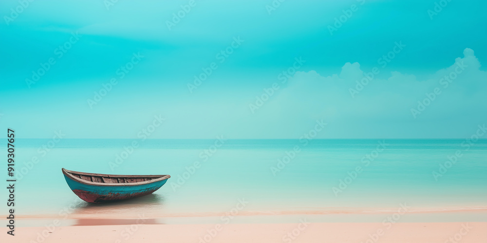 A solitary wooden boat resting on a calm, sandy beach under a clear blue sky, evoking feelings of solitude, peace, and escape with ample space for text. A solitary wooden boat resting on a calm, sandy beach under a clear blue sky, evoking feelings of solitude, peace, and escape with ample space for text.