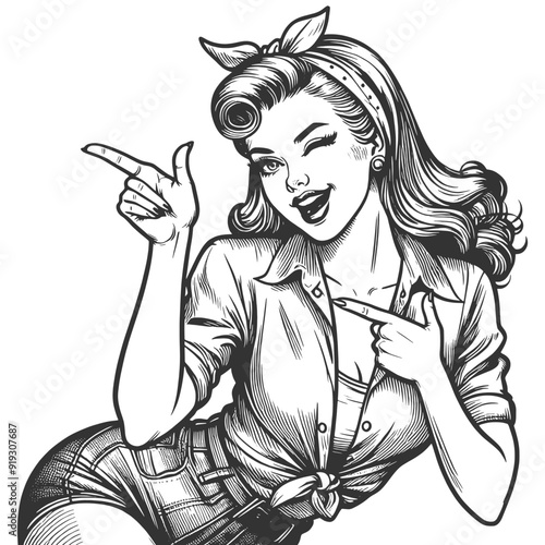 pin-up woman winking and playfully pointing, classic fashion with a headband sketch engraving generative ai fictional character vector illustration. Scratch board imitation. Black and white image.