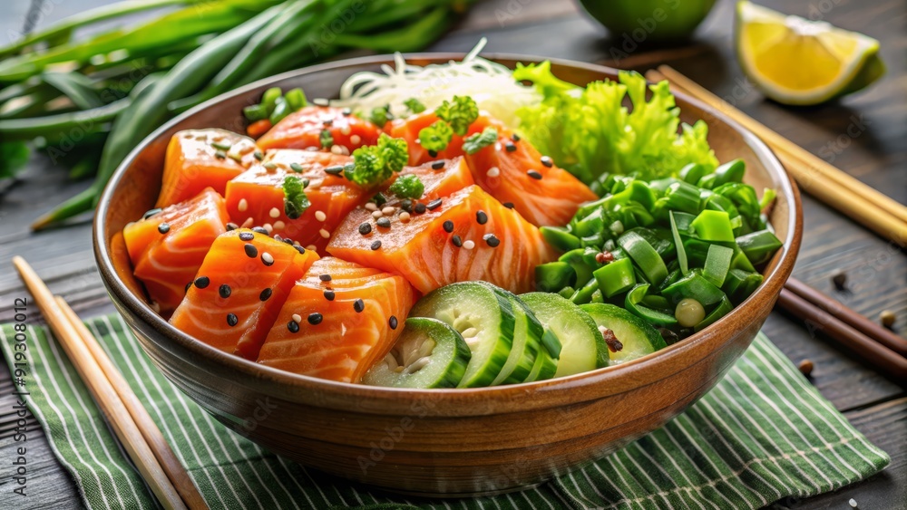 Freshly prepared Hawaiian-style salmon poke bowl with sashimi-grade fish, mixed greens, sesame seeds, and soy sauce, garnished with thinly sliced green onions and sesame sticks. Freshly prepared Hawaiian-style salmon poke bowl with sashimi-grade fish, mixed greens, sesame seeds, and soy sauce, garnished with thinly sliced green onions and sesame sticks.