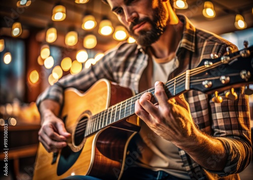 Closeup of skilled male musician's hand playing acoustic guitar strings with intense focus in dimly lit restaurant ambiance with blurred background.