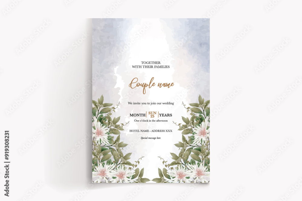 WEDDING INVITATION FRAME WITH FLOWER DECORATIONS WITH FRESH LEAVES WEDDING INVITATION FRAME WITH FLOWER DECORATIONS WITH FRESH LEAVES