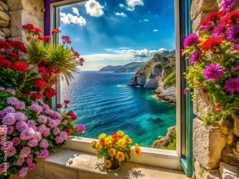 Vibrant flowers spill over the windowsill, framing a breathtaking Mediterranean coastal scene with turquoise waters, majestic cliffs, and a serene cloud-dotted sky. Vibrant flowers spill over the windowsill, framing a breathtaking Mediterranean coastal scene with turquoise waters, majestic cliffs, and a serene cloud-dotted sky.