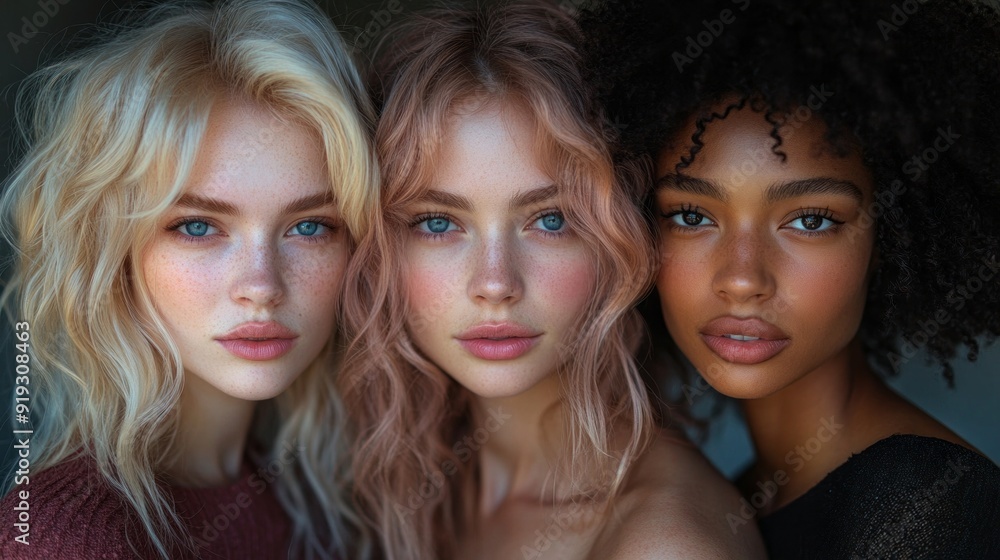 Three women with different hair colors and makeup styles are posing for a photo Three women with different hair colors and makeup styles are posing for a photo