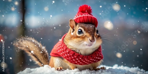 Obraz na płótnie Adorable chipmunk bundled up in festive winter attire, complete with red hat and matching sweater, braving the snow with a twinkle in its eye. w salonie