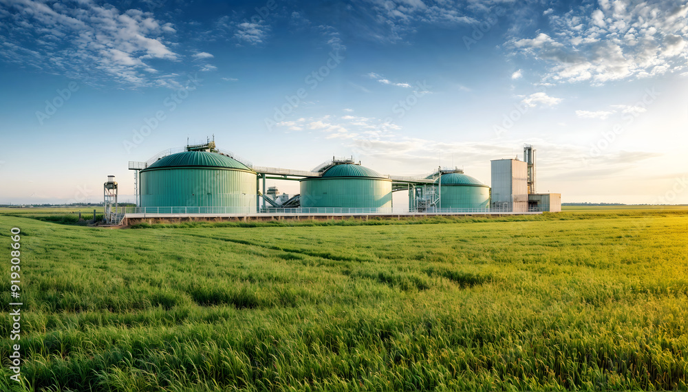 Biogas plant in lush green field during sunset Biogas plant in lush green field during sunset