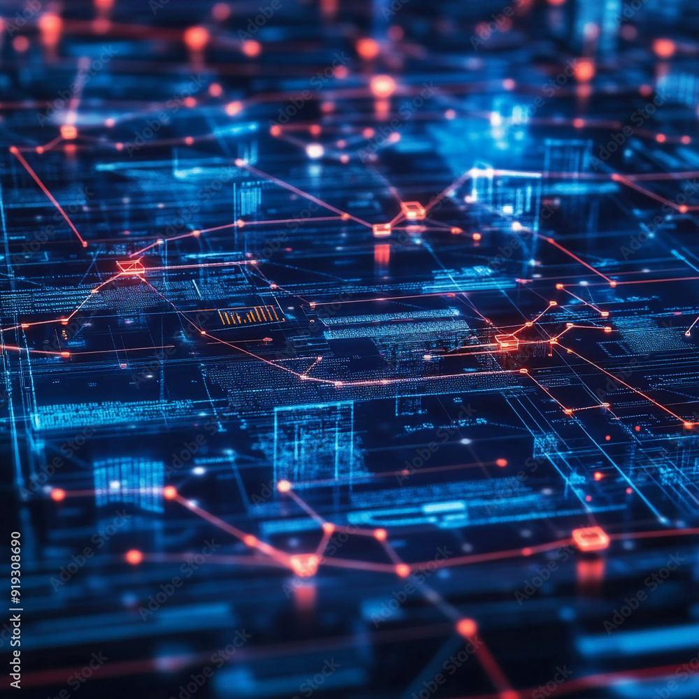 futuristic network of Digital and business transformation connected by graphs to a shown from birds eye view with side-lighting futuristic network of Digital and business transformation connected by graphs to a shown from birds eye view with side-lighting