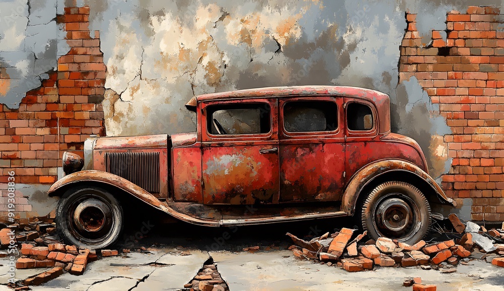 Fototapeta premium A photorealistic painting of an old red and rusty car behind broken down brick wall, cracked bricks on the ground, urban decay, vintage style
