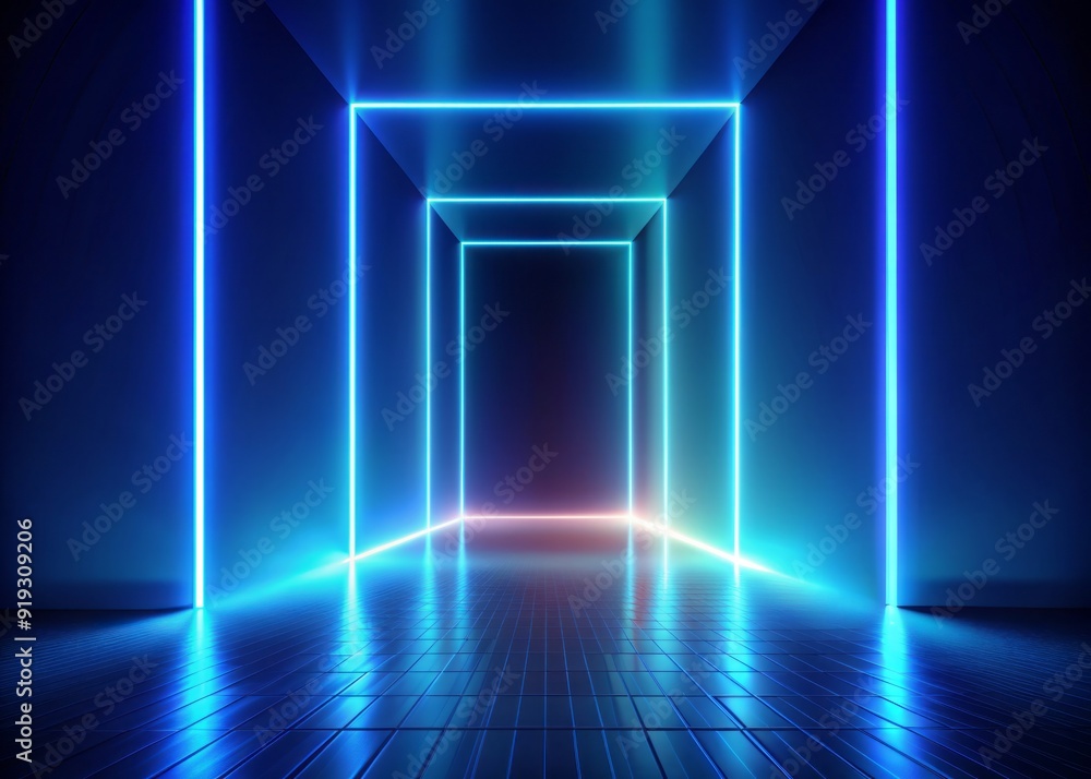 Bright neon light illuminates a dark blue geometric background with a glowing vertical slot doorway portal, evoking a sense of futuristic mystique and otherworldly energy. Bright neon light illuminates a dark blue geometric background with a glowing vertical slot doorway portal, evoking a sense of futuristic mystique and otherworldly energy.