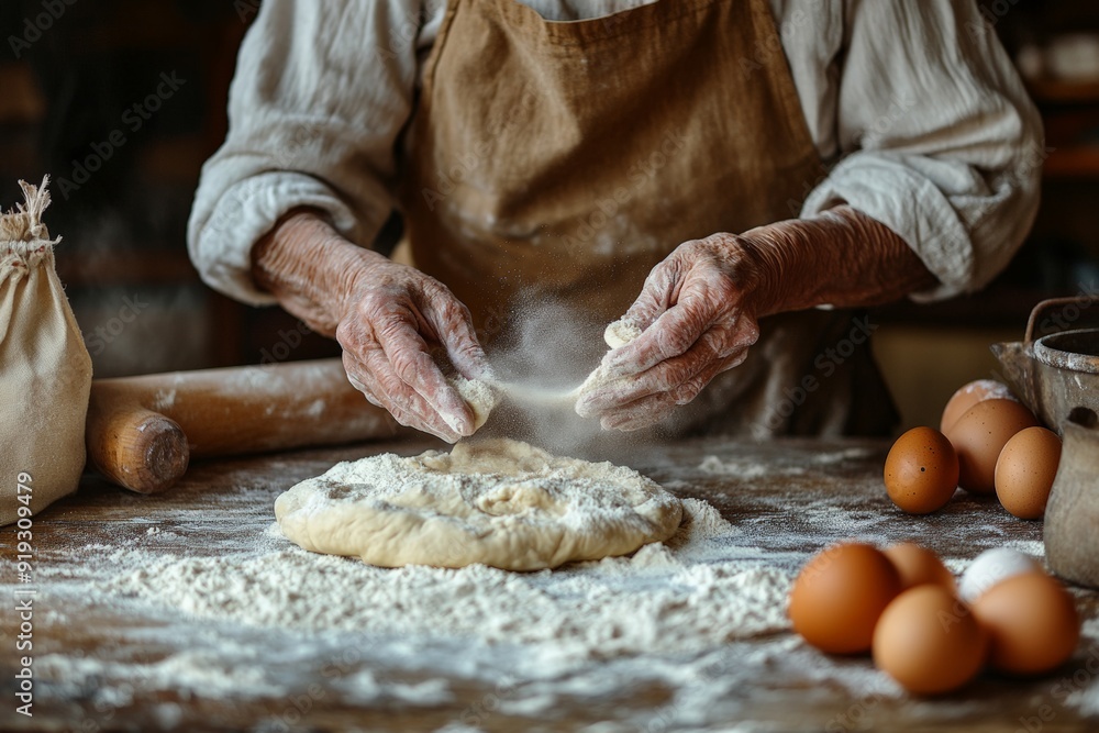 Fototapeta premium Elderly hands kneading dough in a rustic kitchen setting.
