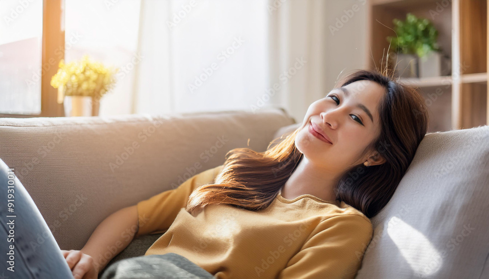 Relaxed calm woman resting breathing fresh air feeling mental balance enjoying wellbeing at home on sofa, satisfied young lady taking pleasure of stress free weekend morning stretching on couch Relaxed calm woman resting breathing fresh air feeling mental balance enjoying wellbeing at home on sofa, satisfied young lady taking pleasure of stress free weekend morning stretching on couch