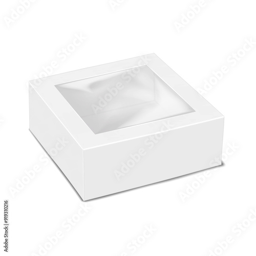 White square paper gift box with clear plastic window lid to display product. 3d mockup. Empty cardboard container packaging. Realistic vector mock-up. Template for design