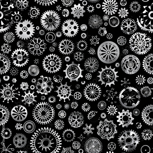 A seamless pattern featuring intricate silver gears and cogs against a black background.