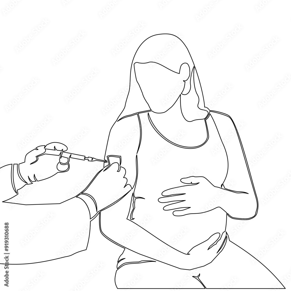 Continuous one single line drawing A pregnant woman is vaccinated, pregnancy health icon vector illustration concept Continuous one single line drawing A pregnant woman is vaccinated, pregnancy health icon vector illustration concept