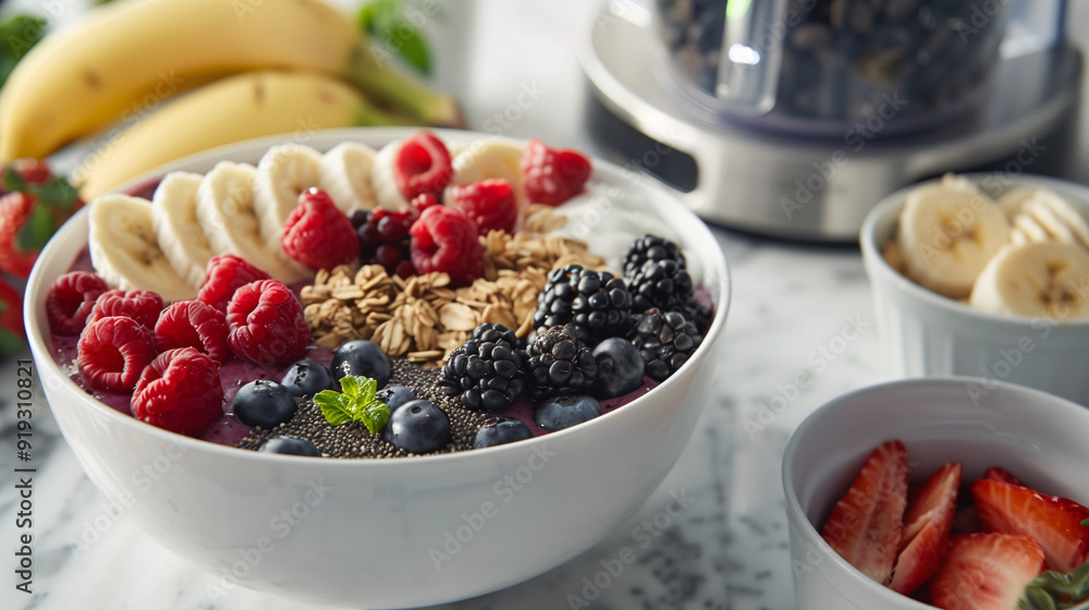 a DIY smoothie bowl kit, with pre-portioned packs of acai, fresh berries, banana slices, granola, and chia seeds, arranged on a marble countertop with a blender in the background a DIY smoothie bowl kit, with pre-portioned packs of acai, fresh berries, banana slices, granola, and chia seeds, arranged on a marble countertop with a blender in the background