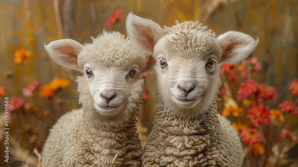 Obraz premium This is a painting of two white baby sheep with fluffy wool.