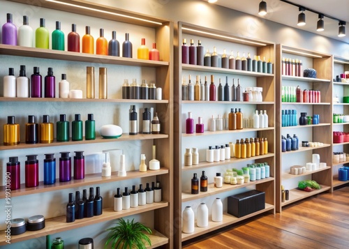 Neatly arranged shelves in a hair salon display a variety of hair care products, including shampoos, conditioners, hair dyes, and styling tools.