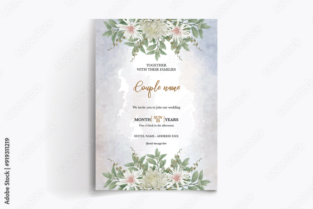 WEDDING INVITATION FRAME WITH FLOWER DECORATIONS WITH FRESH LEAVES WEDDING INVITATION FRAME WITH FLOWER DECORATIONS WITH FRESH LEAVES