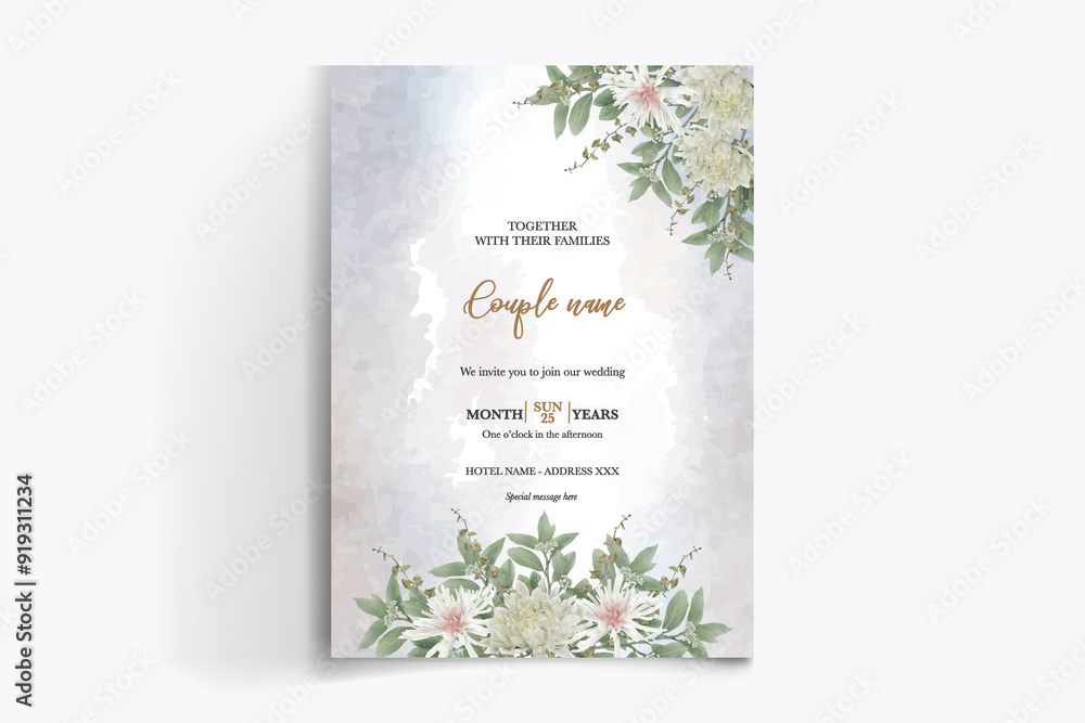 WEDDING INVITATION FRAME WITH FLOWER DECORATIONS WITH FRESH LEAVES WEDDING INVITATION FRAME WITH FLOWER DECORATIONS WITH FRESH LEAVES