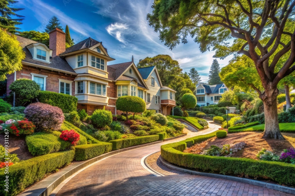 Winding steep road curves through a quiet residential neighborhood lined with trees and charming houses with varying architectural styles and well-manicured lawns. Winding steep road curves through a quiet residential neighborhood lined with trees and charming houses with varying architectural styles and well-manicured lawns.