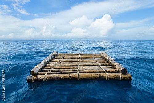 A bamboo raft isolated in the vast expanse of the ocean