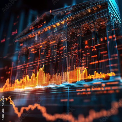 bank raised interest rate shown by futuristic graphs from a eye-level angle 