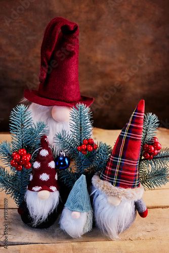 Christmas story about how good friends gnomes celebrate winter holidays in a fairy forest, bright postcard, toy composition, kind New Year story