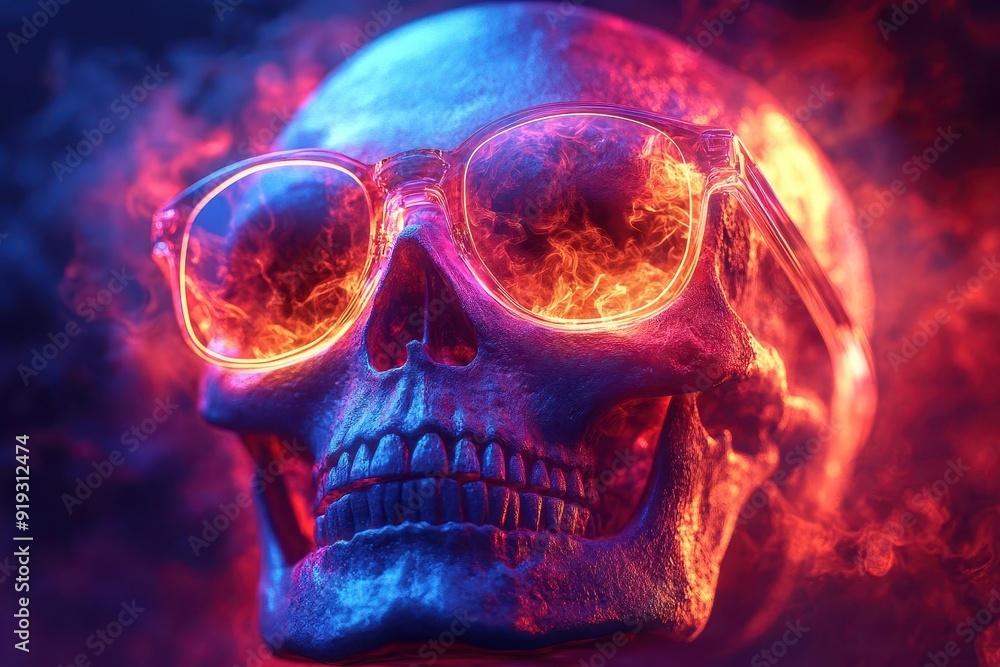 whimsical cartoon skull wearing neon sunglasses vibrant colors playful expression retrofuturistic style glowing outlines on dark background whimsical cartoon skull wearing neon sunglasses vibrant colors playful expression retrofuturistic style glowing outlines on dark background