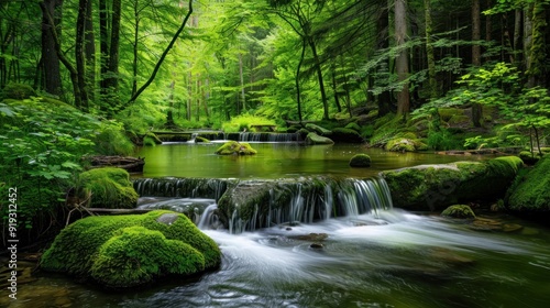 A river with a beautiful small waterfall in the middle of a tropical forest