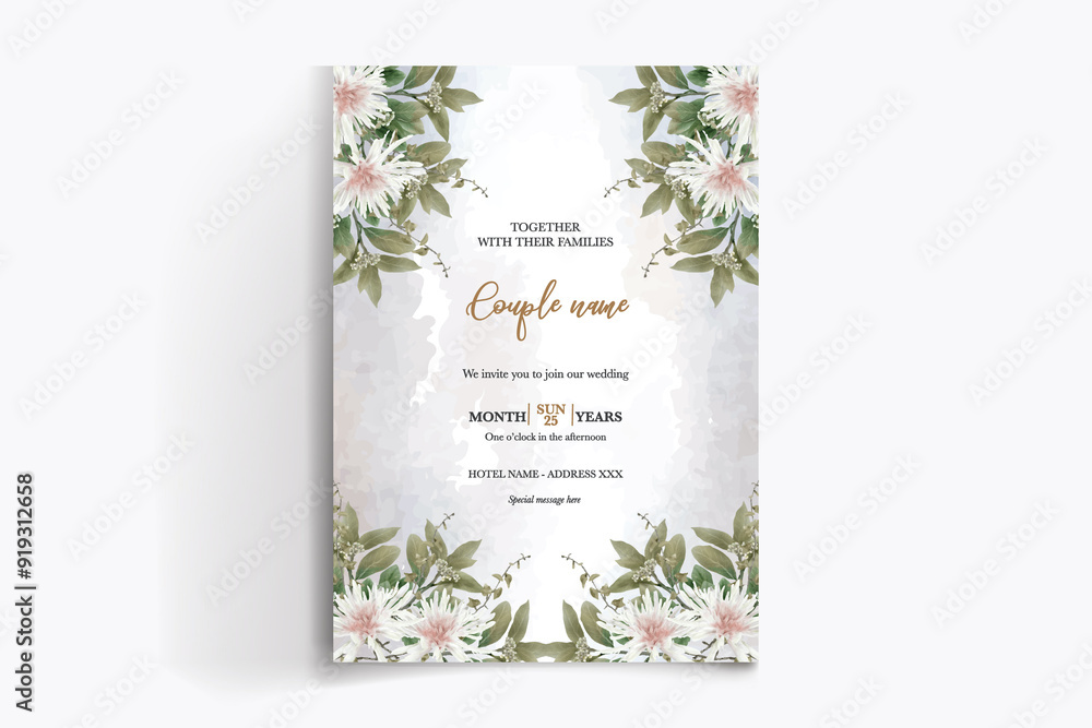 WEDDING INVITATION FRAME WITH FLOWER DECORATIONS WITH FRESH LEAVES WEDDING INVITATION FRAME WITH FLOWER DECORATIONS WITH FRESH LEAVES
