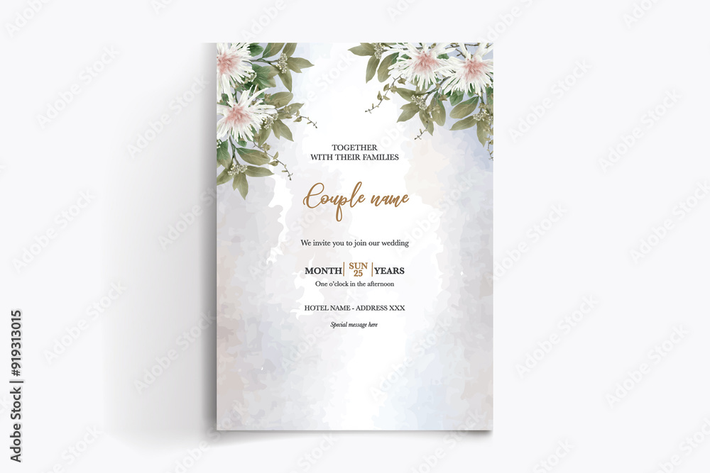 WEDDING INVITATION FRAME WITH FLOWER DECORATIONS WITH FRESH LEAVES WEDDING INVITATION FRAME WITH FLOWER DECORATIONS WITH FRESH LEAVES