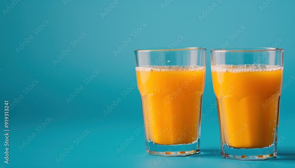 Orange juice in a two transparent glasses. Blue background, backgrop with copy space, empty, space Orange juice in a two transparent glasses. Blue background, backgrop with copy space, empty, space
