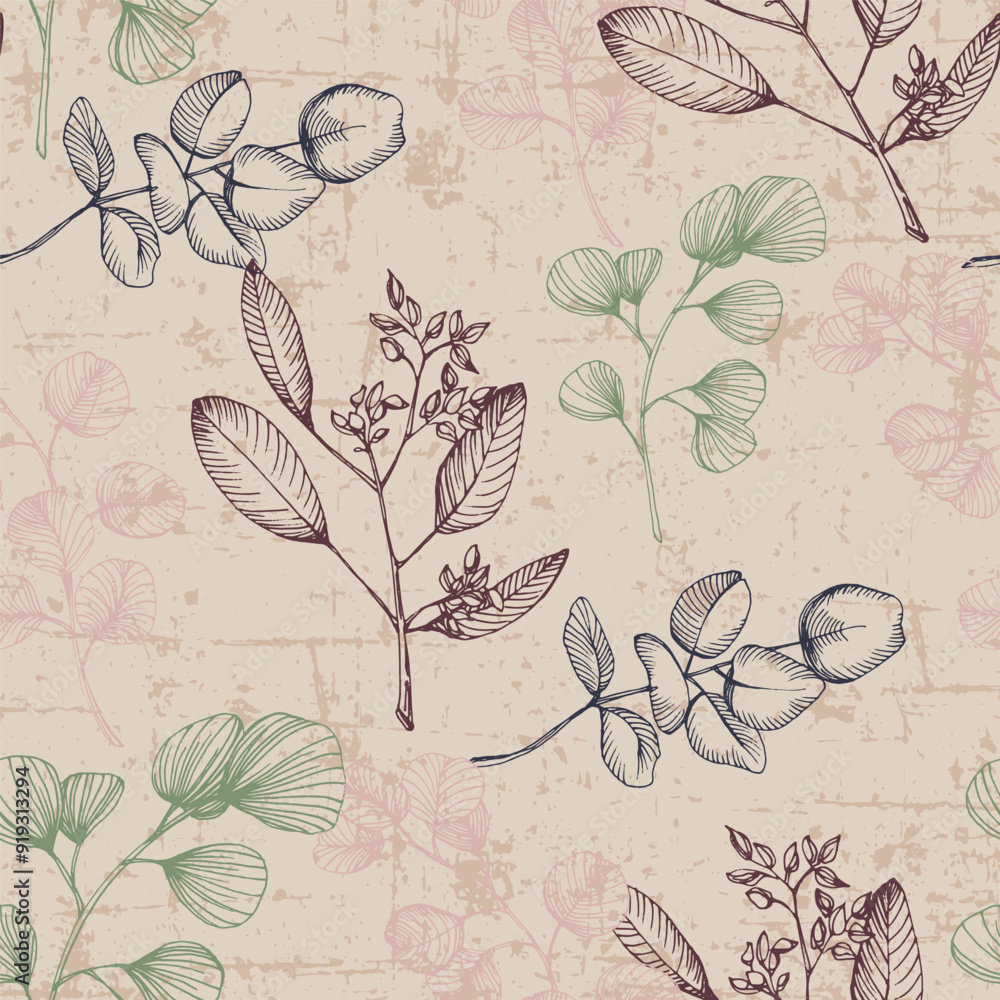 Eucalyptus Leaf Seamless Pattern. Floral botanical flower. Flower evergreen wedding decoration. Botanical wreath branch and buds. Garden seamless pattern bouquet Eucalyptus Leaf Seamless Pattern. Floral botanical flower. Flower evergreen wedding decoration. Botanical wreath branch and buds. Garden seamless pattern bouquet