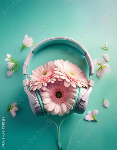 headphones, flowers and musical notes on pastel background. World Music Day concept.