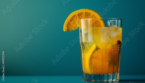 nge juice in a transparent glass. Blue background, backgrop with copy space, empty, space photo