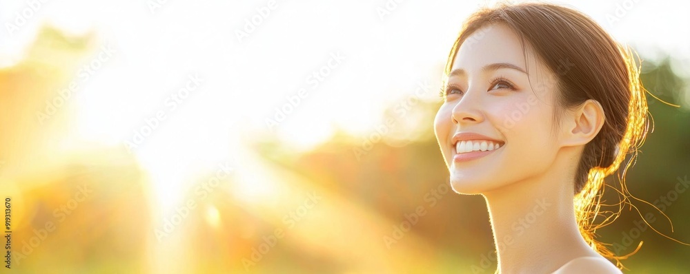 Fototapeta premium A beautiful Asian woman with clean skin, standing under soft sunlight with a relaxed expression