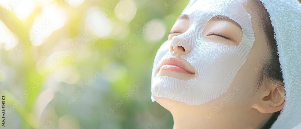 A beautiful Asian woman with fresh skin, using a sheet mask in a tranquil home setting A beautiful Asian woman with fresh skin, using a sheet mask in a tranquil home setting