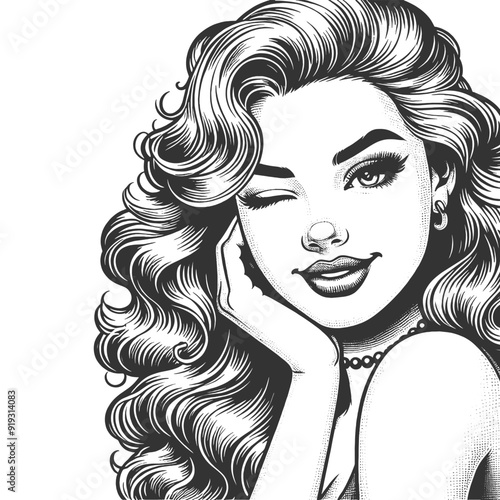 pin-up woman winking, classic glamour with voluminous hair sketch engraving generative ai fictional character vector illustration. Scratch board imitation. Black and white image.