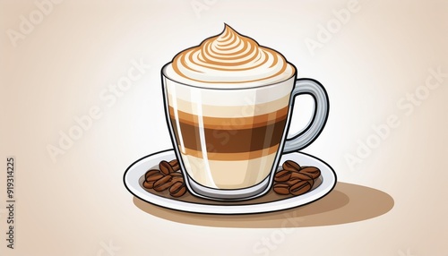 Latte macchiato icon, depicting a layered coffee drink with milk and espresso. Ideal for coffee lovers day. Coffee latte macchiato. Vector illustration . Glass cup. photo