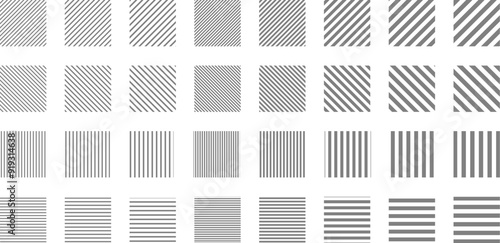 ストライプ・ボーダー模様のベクターイラストセット　グレー　白黒　四角形　正方形　Striped and border pattern isolated illustration set.