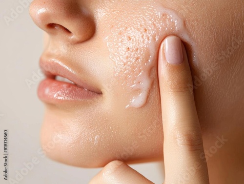 Teenage girl with acne on her cheeks, using a gentle facial cleanser